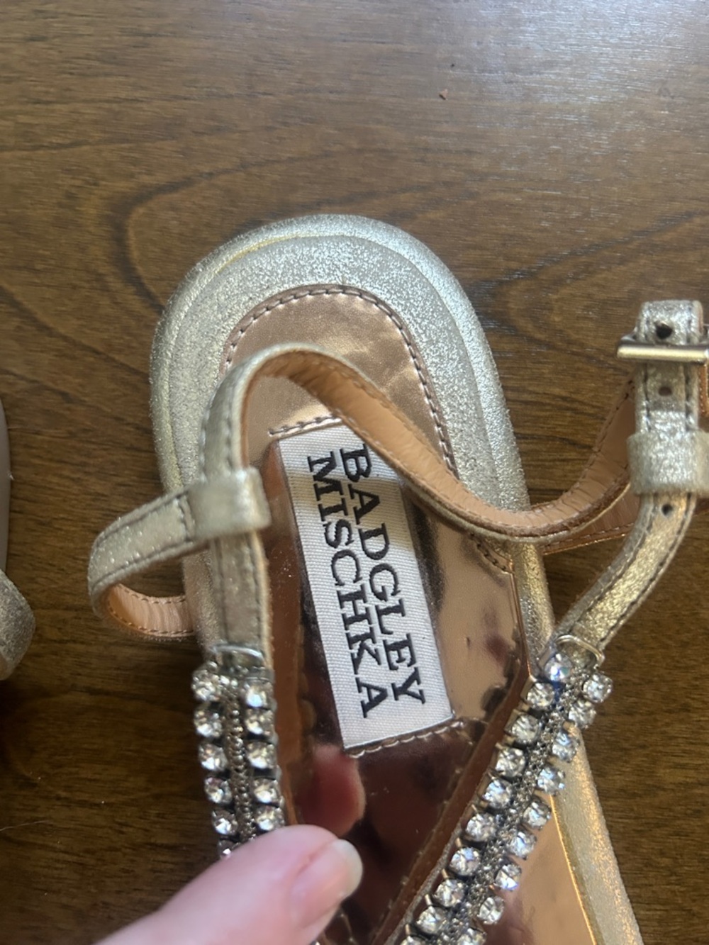 Badgley Mischka Metallic Gold Jeweled T-Strap Sandals - Picture 2 of 5